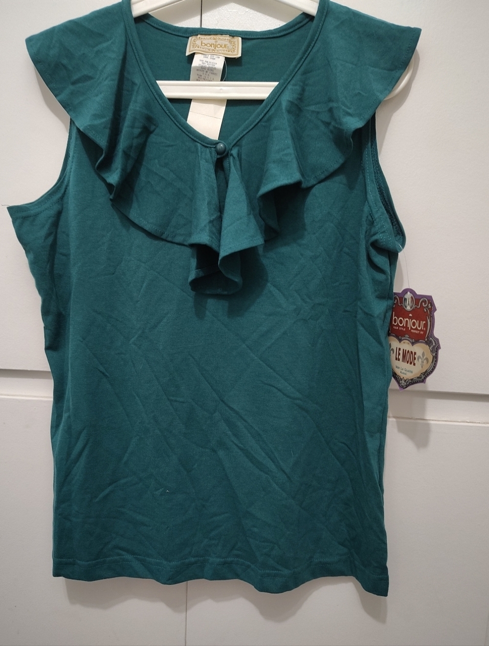Vintage 90s Bonjour Le Mode Ruffle Blouse Teal Sleeveless Top NWT Deadstock M